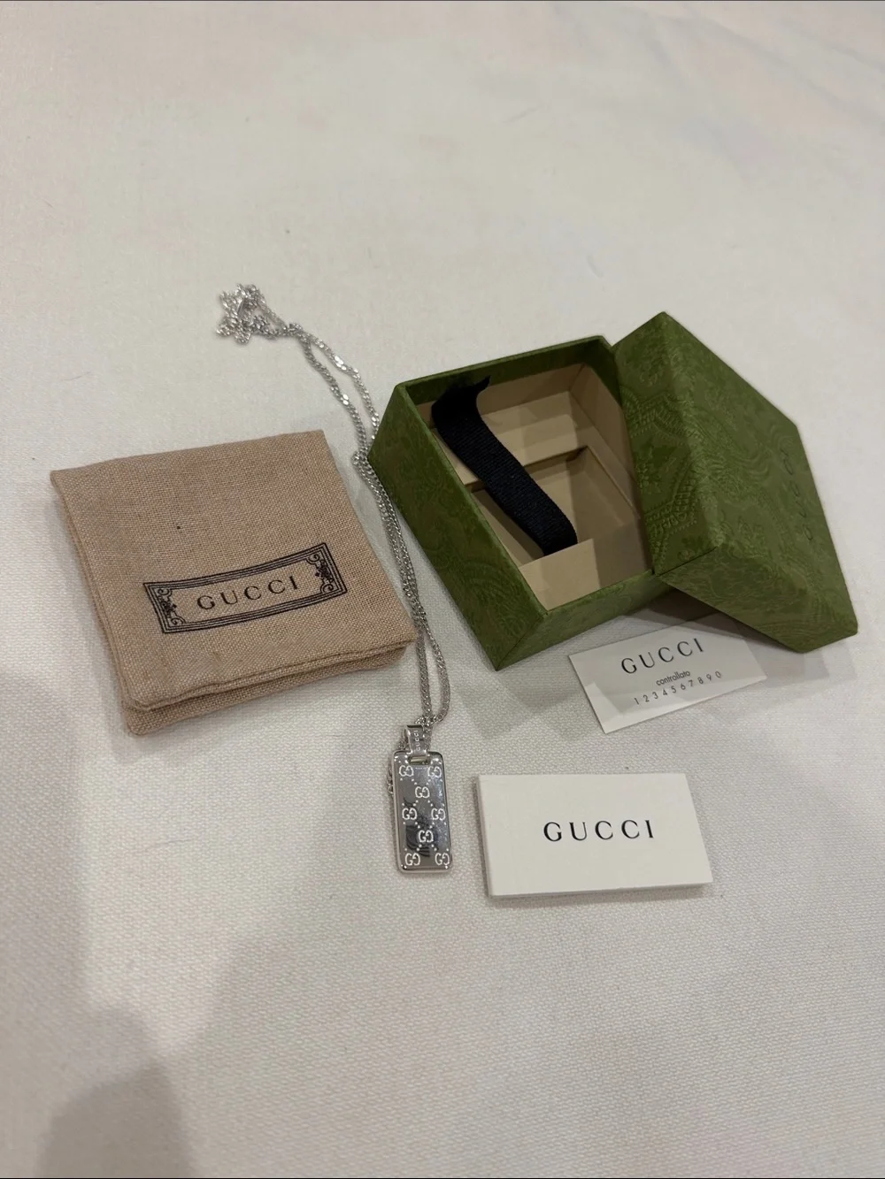 Gucci signature silver dog tag logo chain necklace. Brand new with box